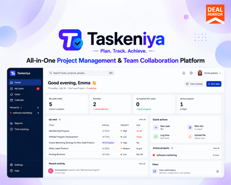 Taskeniya project management software lifetime deal banner