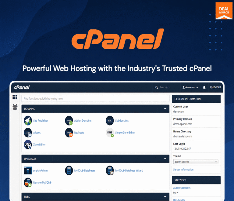 cPanel hosting DealMirror annual hosting offer with NVMe storage and cPanel control panel